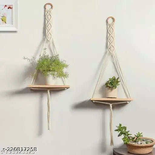 🌸 Handmade Macrame Wall Shelves (Set of 2) | Boho Wooden Hanging Decor for Plants, Books, Photos, Kitchen, & Much More